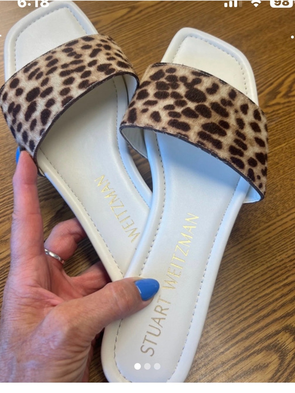 Stuart Weitzman White Slides with Leopard Print Strap